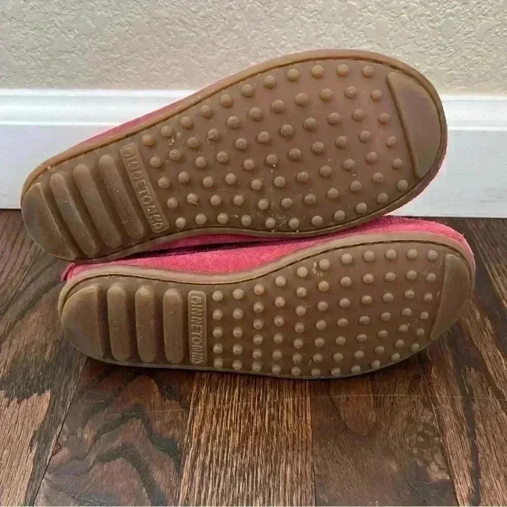 Minnetonka Girls Moccasin Fringe Pink Ankle Leather Boots Side Zip Size 13